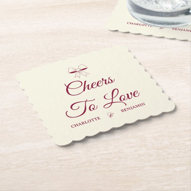 Cheers To Love Burgundy Script Ivory Bow Wedding Untersetzer (angewinkelt)