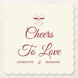 Cheers To Love Burgundy Script Ivory Bow Wedding Untersetzer