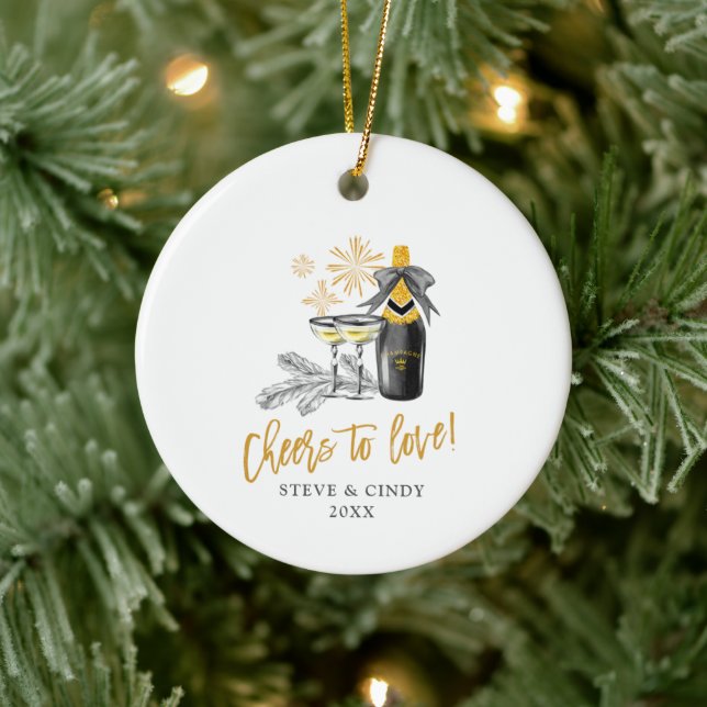 Cheers To Love Champagne Bottle Personalized Names Keramik Ornament (Baum)