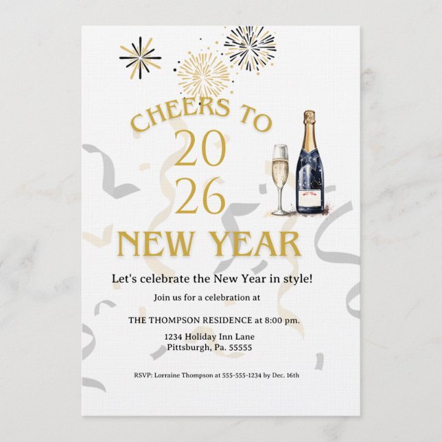 Cheers to New Year Party Gold Einladung (Vorderseite)