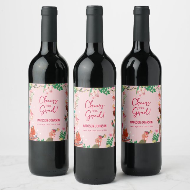 Cheers to the Grad Cute Doodle Graduation Weinetikett (Flaschen)