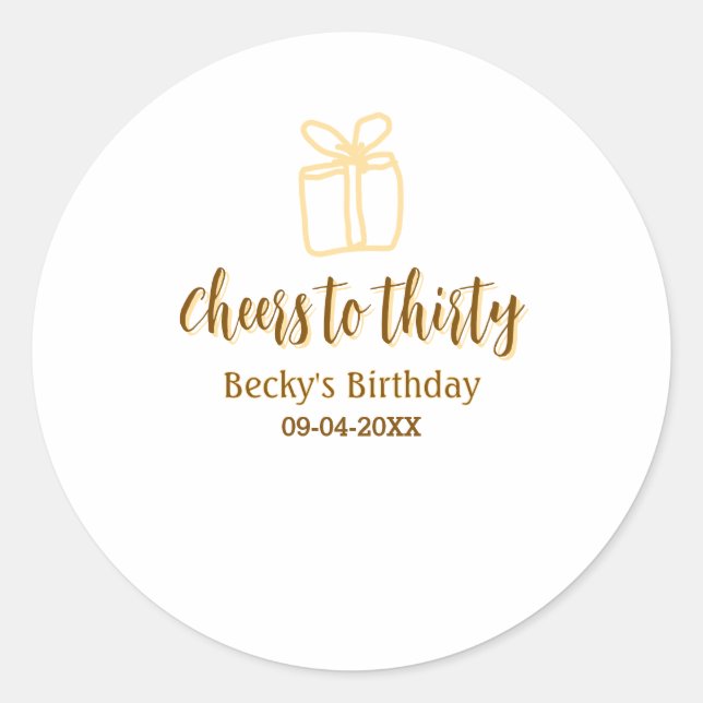 Cheers to thirty yellow brown birthday pastel gift runder aufkleber (Vorderseite)
