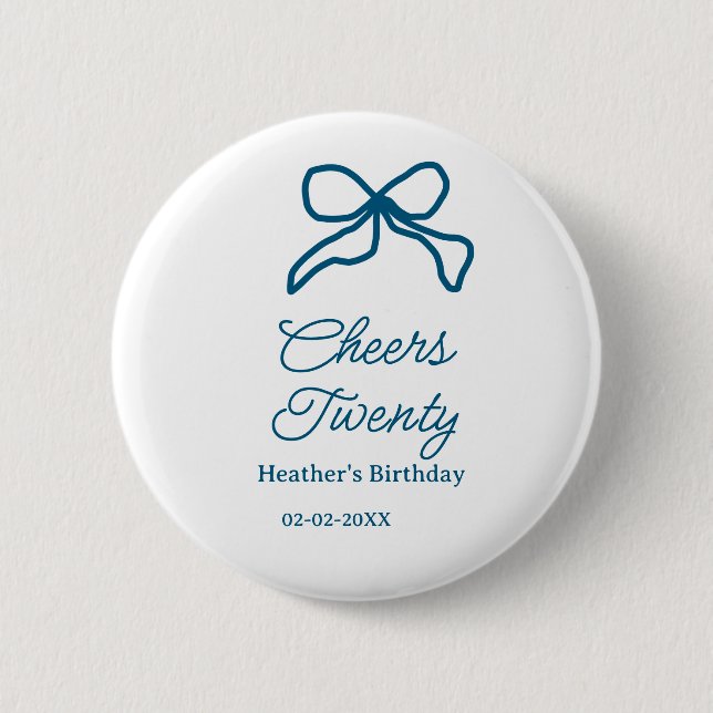 Cheers twenty blue birthday bow name date boho ret button (Vorderseite)