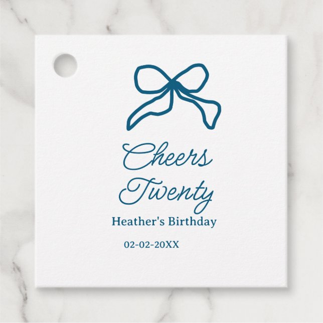 Cheers twenty blue birthday bow name date boho ret geschenkanhänger (Vorderseite)