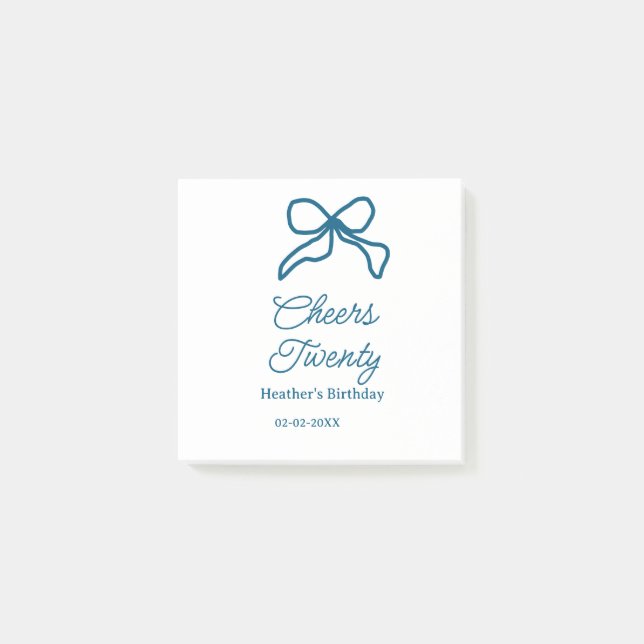 Cheers twenty blue birthday bow name date boho ret post-it klebezettel (Vorderseite)