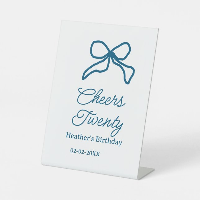 Cheers twenty blue birthday bow name date boho ret sockelschild (Vorderseite)