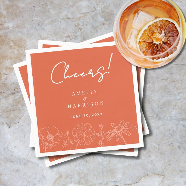 Cheers Verona Sunset Elegant Orange Blumenhochzeit Serviette (Cheers Verona Sunset Elegant Orange Floral Wedding Cocktail Napkin with Couple Names, Wedding Date.)