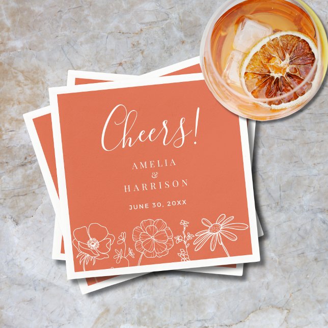 Cheers Verona Sunset Elegant Orange Blumenhochzeit Serviette (Cheers Verona Sunset Orange Floral Line Art Wedding Cocktail Napkin with Couple Names, Date.)
