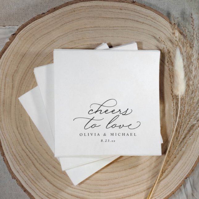 Cheers Wedding Napkins Elegant Black and White Serviette (Elegant black and white wedding napkins with “cheers to love” calligraphy, modern reception décor.)