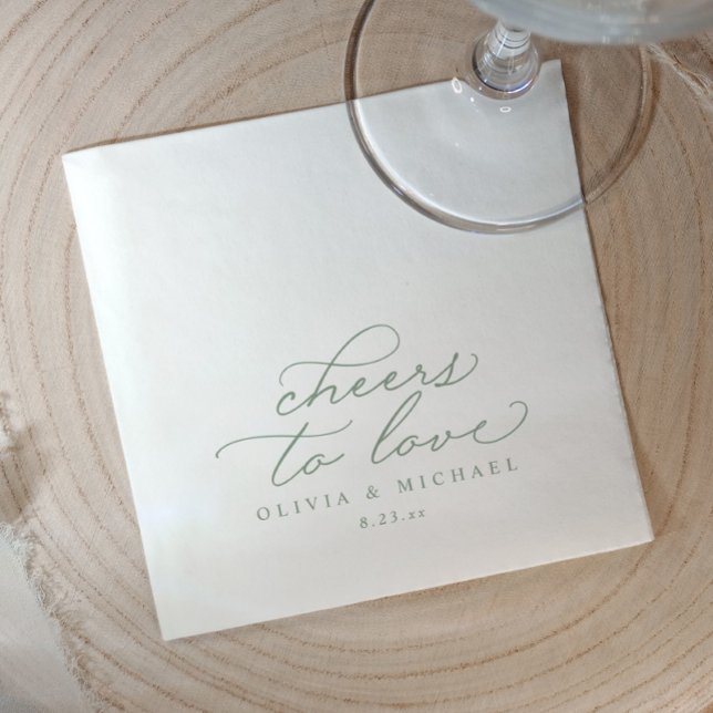 Cheers Wedding Napkins Elegant Sage Green Serviette (Elegant sage green “cheers to love” wedding napkins with calligraphy script, modern reception décor.)