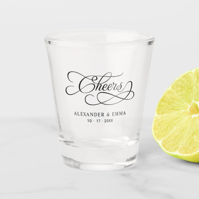 Cheers Wedding Toast Couple Name Date Black Schnapsglas (Vorderseite)