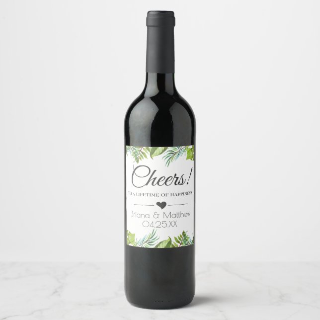 Cheers Wedding Wine Label | Tropische Blätter Weinetikett (Vorderseite)