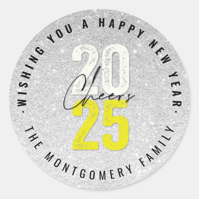 Cheers Yellow 2025 Silver Glitzer New Year Holiday Runder Aufkleber (Vorderseite)