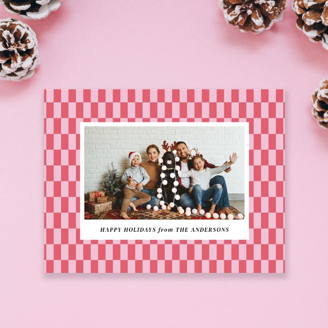 Cheery Pink Red Checkers Carte de Noël (Créateur téléchargé)