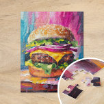 Cheeseburger Bunte Moderne Abstrakte Kunst<br><div class="desc">Ein unterhaltsames und spielerisches modernes Kunstgemälde eines riesigen Käsermeister. Das Kunstwerk wird mit strukturierten, abstrakten Pinselstrichen in lebhaften Farben wie Rosa, Blau und Gelb zum Leben erweckt. Der kühne Einsatz von Farbe und übertriebener Skala verleiht dem Cheeseburger ein energetisches, skurriles Gefühl. Dieses lebendige, fantasievolle Werk verbindet Pop und abstrakten Expressionismus...</div>