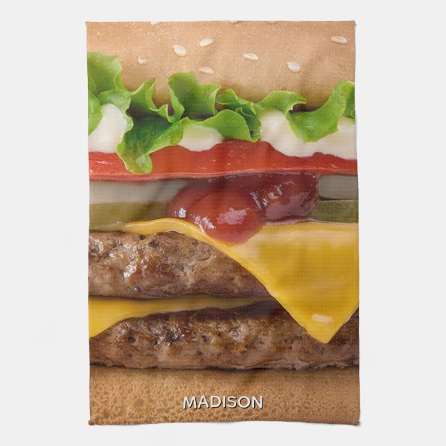 Cheeseburger mit eigenem Namen Geschirrtuch (Vertikal)