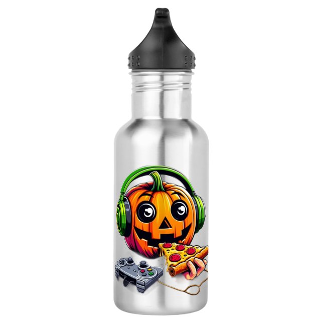 Cheesy Halloween Vibes Pumpkin Enjoys Pizza Gaming Edelstahlflasche (Rechts)