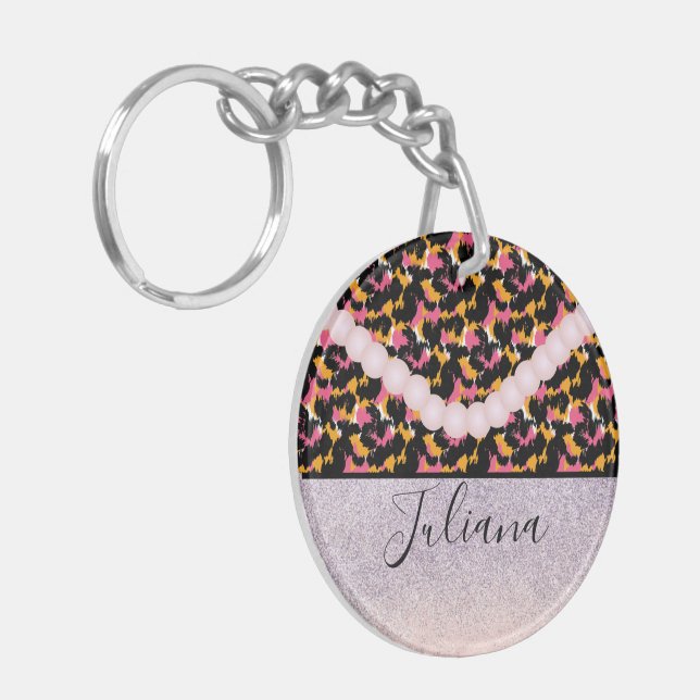 Cheetah Animal Print Pink Pearl Schlüsselanhänger (Vorderseite links)