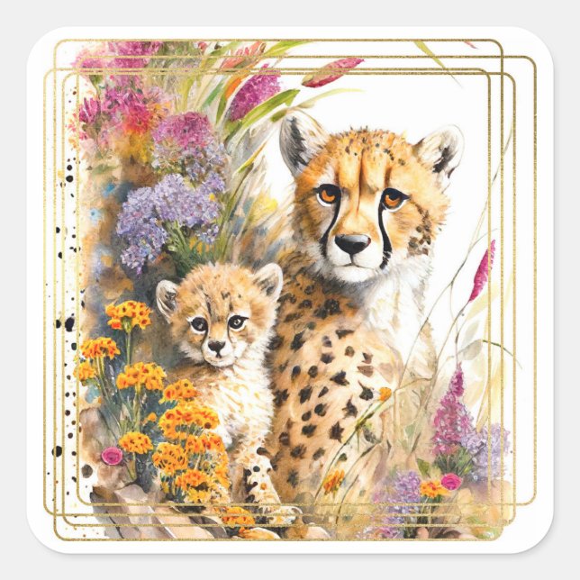 Cheetah Baby- und Mama-Aufkleber Quadratischer Aufkleber (Vorderseite)