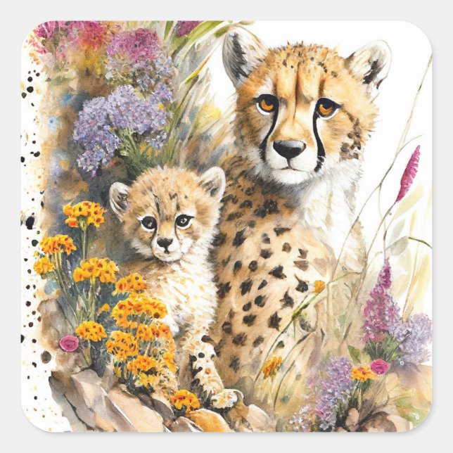 Cheetah Baby- und Mama-Aufkleber Quadratischer Aufkleber (Vorderseite)