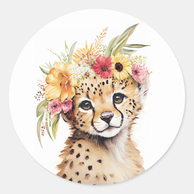 Cheetah Blume Kronkunst Kinderzimmer Runder Aufkleber (Vorderseite)