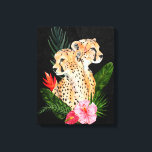 Cheetah Bouquet 2 Leinwanddruck<br><div class="desc">Cheetah Bouquet II von Annie Warren. Zwei Geparden sind von tropischen Blätter und Pflanzen gerahmt,  die auf schwarzem Hintergrund gehalten sind. | 164453Z</div>