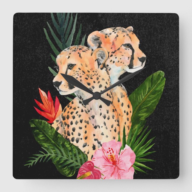 Cheetah Bouquet Quadratische Wanduhr (Vorderseite)