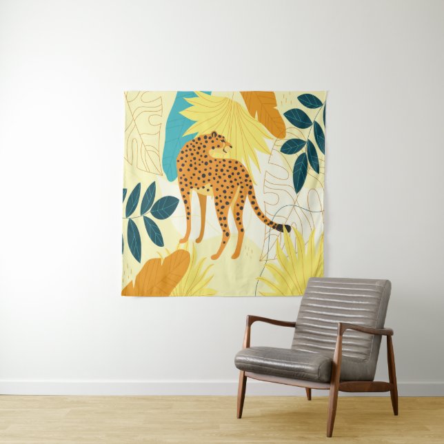 Cheetah bunte tropische Blätter Tapete werfen Wandteppich (Beispiel)
