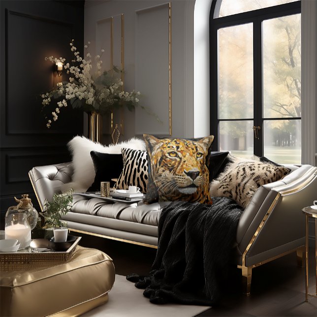 Cheetah Face Mosaic Cat Stilvolle Black & Gold Kissen (Dramatic Cheetah Mosaic Style Pillow)