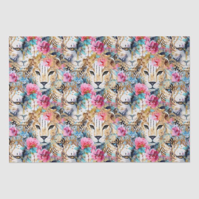 Cheetah Floral Boho Wasserfarben-Muster Seidenpapier (Vorderseite)