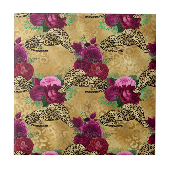 Cheetah Leopard Rote Rose Blumenmuster Blume Fliese (Vorderseite)