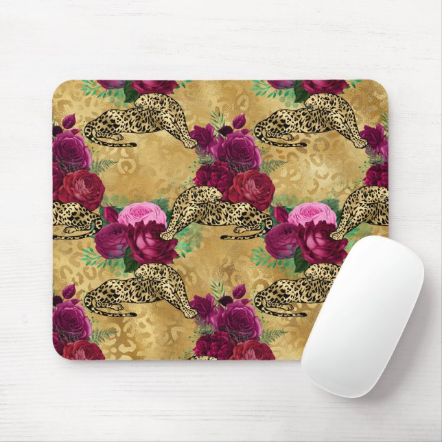 Cheetah Leopard Rote Rose Blumenmuster Blume Mousepad (Mit Mouse)