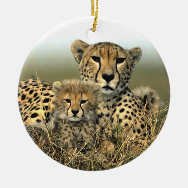 Cheetah-Mama und CUB-Verzierung Keramikornament (Vorne)
