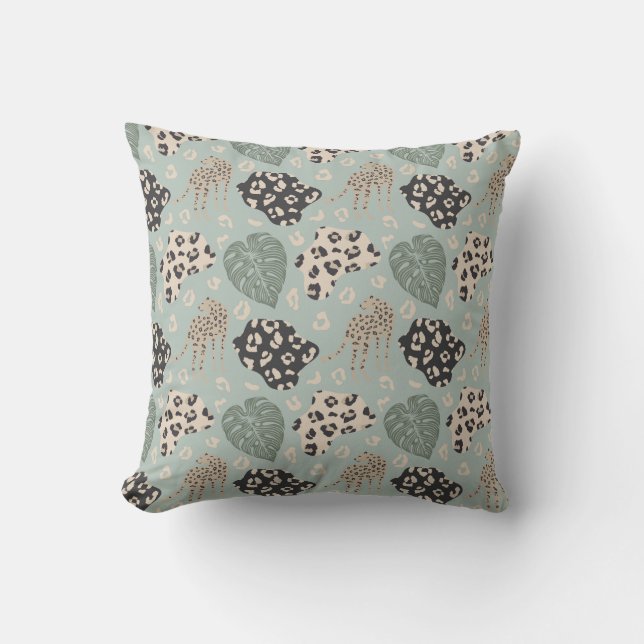 Cheetah Monstera Muster Green Beige Black Kissen (Vorderseite)