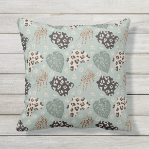 Cheetah Monstera Muster Green Beige Black Kissen