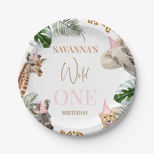 Cheetah Pink Print Safari Wild One 1st Birthday  Pappteller (Vorderseite)
