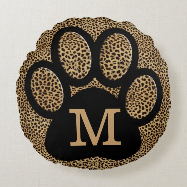 Cheetah Print Mit Monogramm Cat Paw Print Rundes Kissen (Vorderseite)
