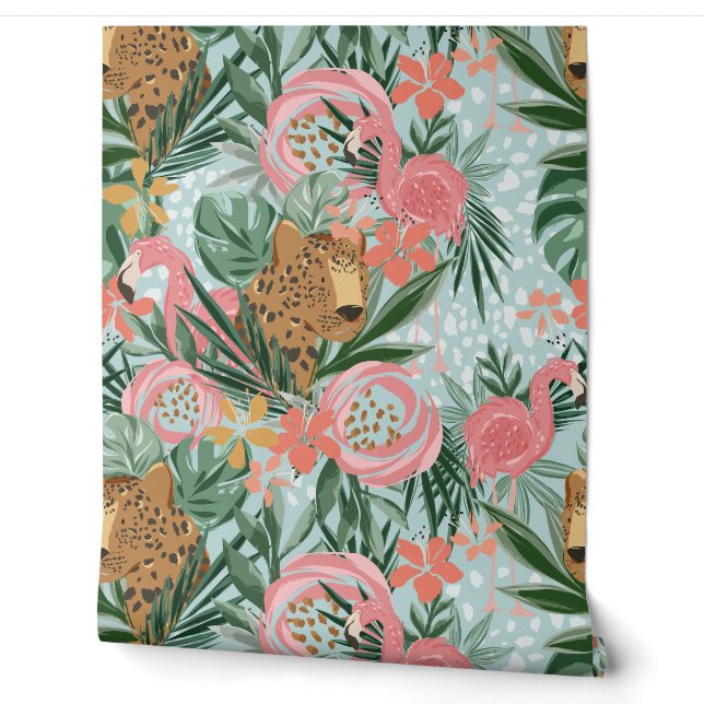 Cheetah Tropical et papier peint floral Flamant ro (Déroulement)
