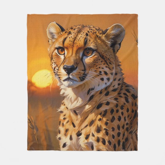 Cheetah und Sunset African Savannah Fleecedecke (Vorderseite)