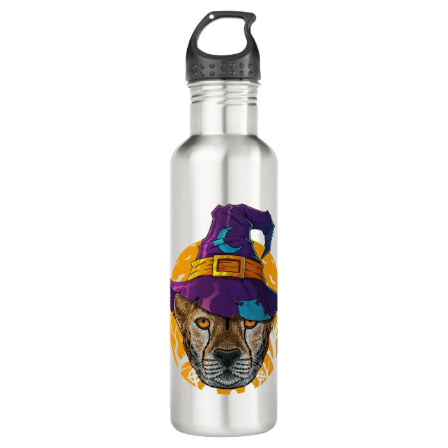 Cheetah Witch Funny Halloween Kostüm Creepy Moon Edelstahlflasche (Vorderseite)