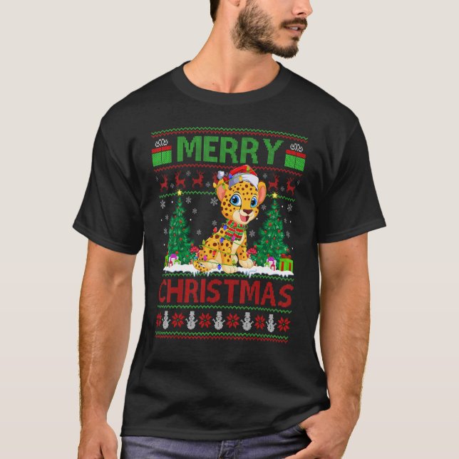 Cheetah   Xmas Tree Lights Ugly Santa Cheetah Chri T-Shirt (Vorderseite)