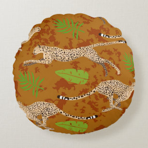 Cheetahs-Blätter: Vintage Grafik nahtlos Rundes Kissen