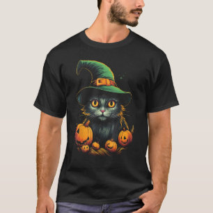 Cheetoh-Katze in Hexenhut mit Kürbissen Lustiger G T-Shirt
