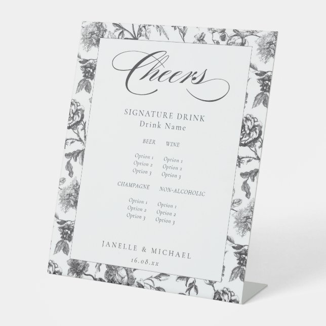 Chef Black & White Antique Toil Wedding Bar Menu Sockelschild (Vorderseite)