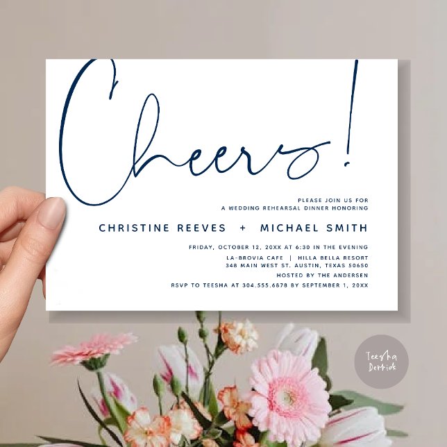 Chef, Hochzeit Probe Dinner Einladung (Cheers, Wedding Rehearsal Dinner Invitation Card, PDF, Modern Minimalist, in Navy Blue)