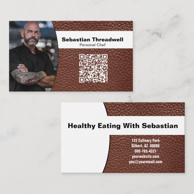 Chef Professional Foto Braunes Leder QR Code Visitenkarte (Vorne/Hinten)