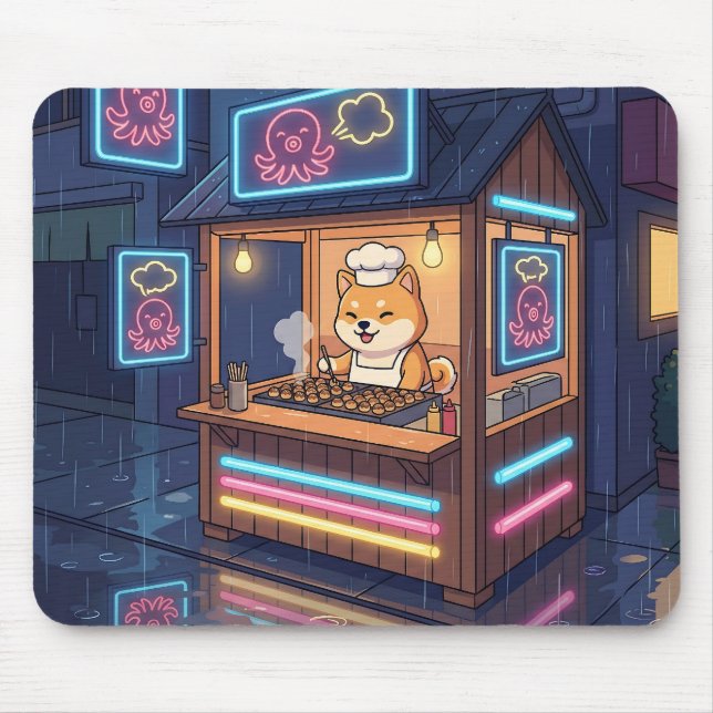 Chef Shiba's Neon Takoyaki Stand Mousepad (Vorne)