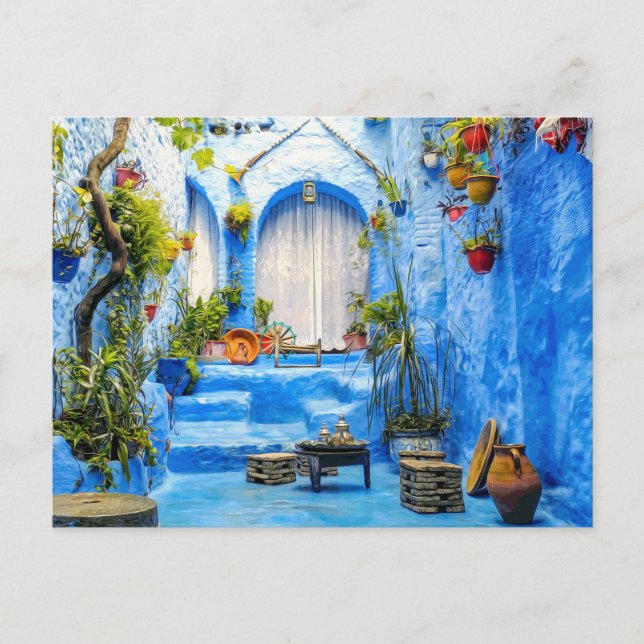 Chefchaouen Blue City Marokko Ölgemälde Boho Postkarte (Vorderseite)