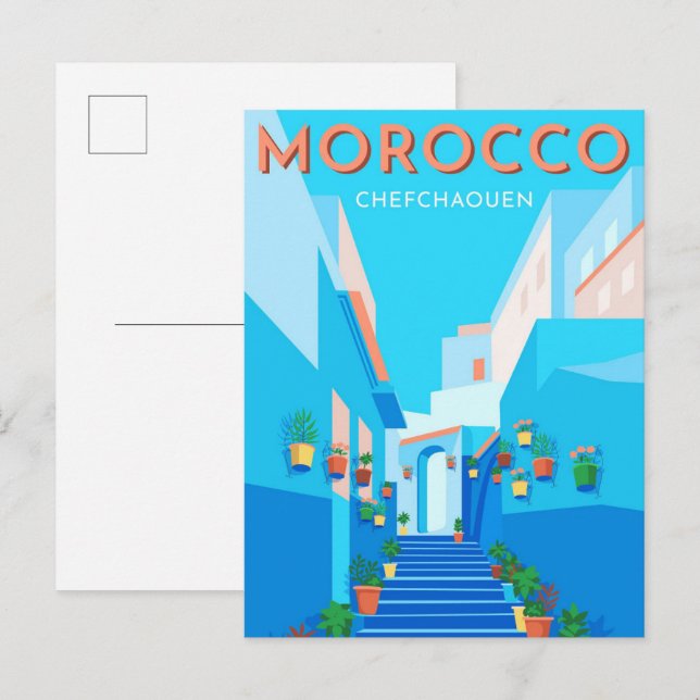Chefchaouen Marokko Vintage Reise Illustration Postkarte (Vorne/Hinten)