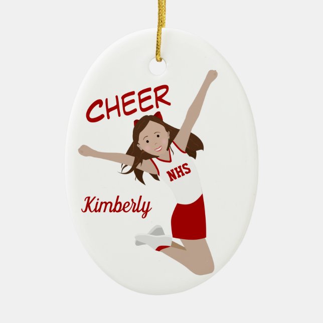 Cheleader Brünett Red & White Keramik Ornament (Vorne)